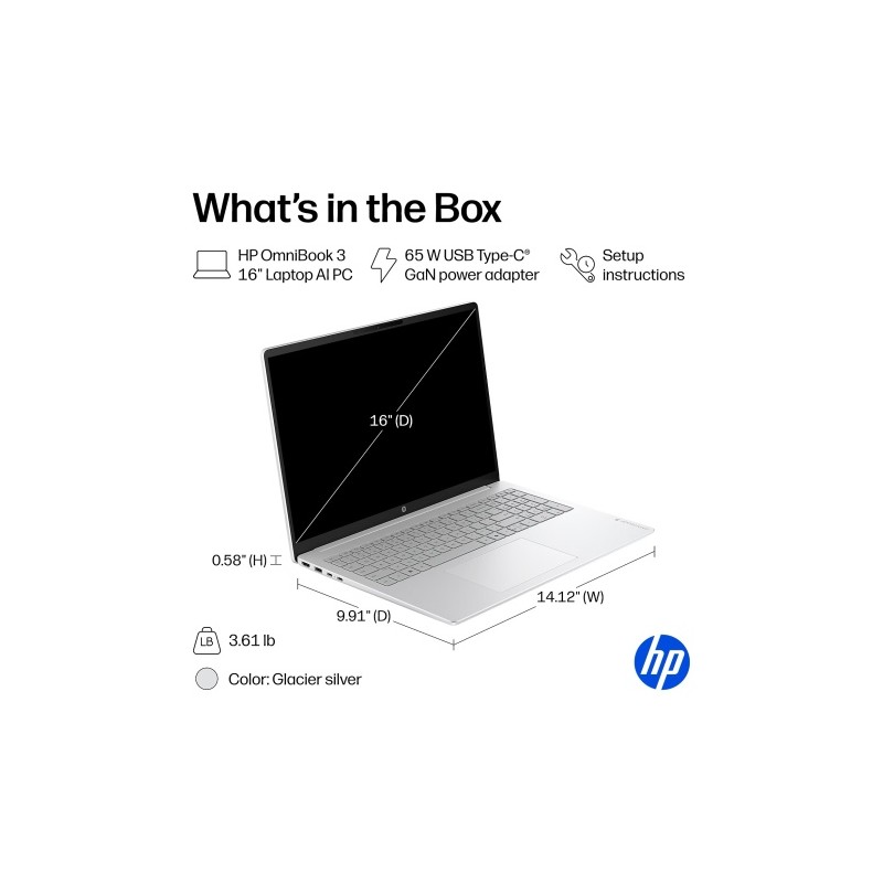 HP OmniBook 3 16'' WUXGA Intel Core Ultra 7 255U (2025) 16GB 512GB SSD W11H, Glacier Silver